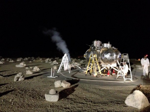 Morpheus powered its way up to more than 800 feet into the Florida night sky at NASA’s Kennedy Space Center using solely ALHAT’s Hazard Detection System for guidance. Image Credit: NASA Morpheus powered its way up to more than 800 feet into the Florida night sky at NASA’s Kennedy Space Center using solely ALHAT’s Hazard Detection System for guidance. Image Credit: NASA