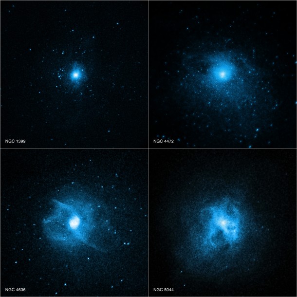 Chandra X-ray Observatory images of four elliptical galaxies. Image Credit: X-ray: NASA/CXC/Stanford Univ/N.Werner et al; Optical: DSS Chandra X-ray Observatory images of four elliptical galaxies. Image Credit: X-ray: NASA/CXC/Stanford Univ/N.Werner et al; Optical: DSS