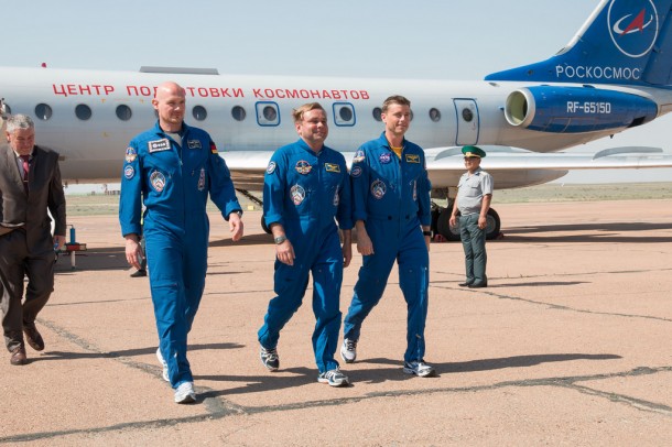 Expedition 40 Flight Engineers Alexander Gerst (left), Maxim Suraev (center) and Reid Wiseman arrive in Baikonur, Kazakhstan for final pre-launch training, Image Credit: NASA/Victor Zelentsov Expedition 40 Flight Engineers Alexander Gerst (left), Maxim Suraev (center) and Reid Wiseman arrive in Baikonur, Kazakhstan for final pre-launch training, Image Credit: NASA/Victor Zelentsov