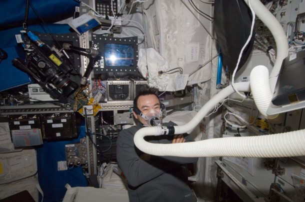 Japan Aerospace Exploration Agency astronaut Aki Hoshide conducts an oxygen uptake measurement for the ENERGY study during Expedition 33 aboard the International Space Station. Image Credit: NASA Japan Aerospace Exploration Agency astronaut Aki Hoshide conducts an oxygen uptake measurement for the ENERGY study during Expedition 33 aboard the International Space Station. Image Credit: NASA