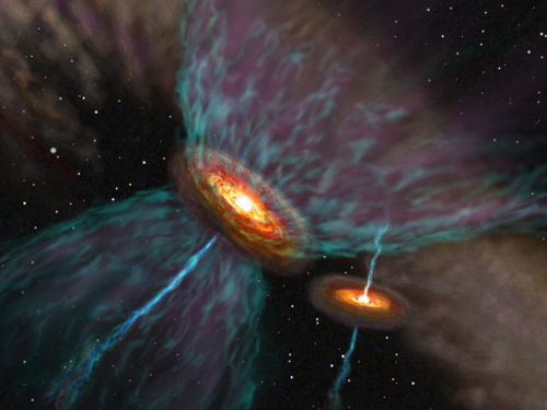 Figure 1. Artist's rendition of UY Aur's probable outflow system. Credit: National Astronomical Observatory of Japan, All Rights Reserved. Figure 1. Artist's rendition of UY Aur's probable outflow system. Credit: National Astronomical Observatory of Japan, All Rights Reserved.