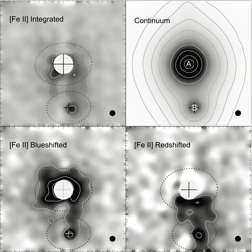 Figure 2. Emission images of UY Aur. The large plus marks indicate the primary star, located in the upper portion of each panel and designated as "A" in the continuum image. The smaller plus marks indicate the secondary star, located below the primary star and labeled as "B" in the continuum panel. Large tick marks correspond to measures of 1 arcsecond (140 Astronomical Unit). The filled circles at the bottom right corners show the spatial resolution (=0.12"). Credit: National Astronomical Observatory of Japan. Figure 2. Emission images of UY Aur. The large plus marks indicate the primary star, located in the upper portion of each panel and designated as "A" in the continuum image. The smaller plus marks indicate the secondary star, located below the primary star and labeled as "B" in the continuum panel. Large tick marks correspond to measures of 1 arcsecond (140 Astronomical Unit). The filled circles at the bottom right corners show the spatial resolution (=0.12"). Credit: National Astronomical Observatory of Japan.