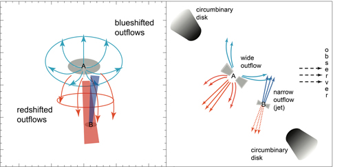 Figure 3. Schematic drawings of the UY Aur binary. Left: Redshifted and blueshifted outflows. The primary star (A) shows wide, open, redshifted and blueshifted outflows as well as a redshifted jet (in solid red), while the secondary star (B) shows a blueshifted jet (in solid blue). Redshifted jets from B might be within the solid red outflow area from A. Right: Model of the UY Aur binary and its outflows and jets, showing the wide redshifted and blueshifted outflows of the primary star (A) and the blueshifted jet from the secondary star (B). The dotted red lines indicate where the redshifted jets from the secondary star might be. Credit: National Astronomical Observatory of Japan. Figure 3. Schematic drawings of the UY Aur binary. Left: Redshifted and blueshifted outflows. The primary star (A) shows wide, open, redshifted and blueshifted outflows as well as a redshifted jet (in solid red), while the secondary star (B) shows a blueshifted jet (in solid blue). Redshifted jets from B might be within the solid red outflow area from A. Right: Model of the UY Aur binary and its outflows and jets, showing the wide redshifted and blueshifted outflows of the primary star (A) and the blueshifted jet from the secondary star (B). The dotted red lines indicate where the redshifted jets from the secondary star might be. Credit: National Astronomical Observatory of Japan.