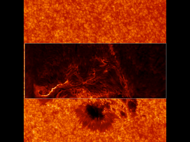 An image from the ground-based Interferometric Bidimensional Spectrometer, or IBIS, at the National Solar Observatory's Sacramento Peak is overlaid on an image of the sun's surface. A thin bright line can be seen on the left, which is known as a flare ribbon. This flare ribbon lies right over one of the footpoints of the flare seen in other images, such as those from NASA's RHESSI. The other footpoint isn't visible in this image. Credit: Alberto Sainz Dalda (Stanford University), Kevin Reardon (NSO) An image from the ground-based Interferometric Bidimensional Spectrometer, or IBIS, at the National Solar Observatory's Sacramento Peak is overlaid on an image of the sun's surface. A thin bright line can be seen on the left, which is known as a flare ribbon. This flare ribbon lies right over one of the footpoints of the flare seen in other images, such as those from NASA's RHESSI. The other footpoint isn't visible in this image. Credit: Alberto Sainz Dalda (Stanford University), Kevin Reardon (NSO)