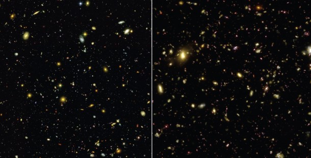 These visible-light images compare an actual photograph of the sky (left) taken with the Hubble Space Telescope to a simulated view (right) generated by the Illustris simulation. The simulation accurately reproduces the sizes, types, and colors of galaxies in the universe. NASA / Illustris Collaboration These visible-light images compare an actual photograph of the sky (left) taken with the Hubble Space Telescope to a simulated view (right) generated by the Illustris simulation. The simulation accurately reproduces the sizes, types, and colors of galaxies in the universe. NASA / Illustris Collaboration