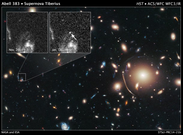 Remote Supernova Magnified by Massive Galaxy Cluster Abell 383. Credit: NASA, ESA, C. McCully (Rutgers University), A. Koekemoer (STScI), M. Postman (STScI), A. Riess (STScI/JHU), S. Perlmutter (UC Berkeley, LBNL), J. Nordin (NBNL, UC Berkeley), and D. Rubin (Florida State University) Remote Supernova Magnified by Massive Galaxy Cluster Abell 383. Credit: NASA, ESA, C. McCully (Rutgers University), A. Koekemoer (STScI), M. Postman (STScI), A. Riess (STScI/JHU), S. Perlmutter (UC Berkeley, LBNL), J. Nordin (NBNL, UC Berkeley), and D. Rubin (Florida State University)