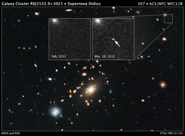 Remote Supernova Magnified by Massive Galaxy Cluster RXJ1532.9+3021. Credit: NASA, ESA, C. McCully (Rutgers University), A. Koekemoer (STScI), M. Postman (STScI), A. Riess (STScI/JHU), S. Perlmutter (UC Berkeley, LBNL), J. Nordin (LBNL, UC Berkeley), and D. Rubin (Florida State University) Remote Supernova Magnified by Massive Galaxy Cluster RXJ1532.9+3021. Credit: NASA, ESA, C. McCully (Rutgers University), A. Koekemoer (STScI), M. Postman (STScI), A. Riess (STScI/JHU), S. Perlmutter (UC Berkeley, LBNL), J. Nordin (LBNL, UC Berkeley), and D. Rubin (Florida State University)