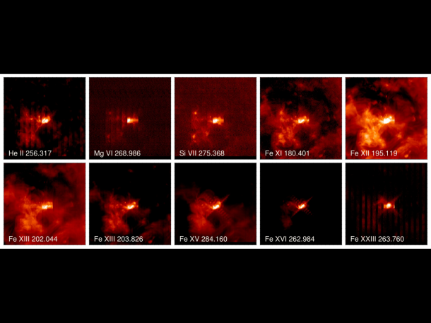 Each of these images from the Japan Aerospace Exploration Agency's and NASA's Hinode shows a progressively higher layer of the sun's atmosphere. The upper left corner shows material in a low part of the atmosphere, called the chromosphere – and the images progress ever upward through the heart of the flare up to over 3,000 miles above the surface in the image on the lower right. Each image shows a narrow swatch of the flare, which together can be combined to create a 3-dimensional picture. The images were captured by the EUV Imaging Spectrometer instrument on Hinode. Credit: JAXA/NASA/Hinode/EIS Each of these images from the Japan Aerospace Exploration Agency's and NASA's Hinode shows a progressively higher layer of the sun's atmosphere. The upper left corner shows material in a low part of the atmosphere, called the chromosphere – and the images progress ever upward through the heart of the flare up to over 3,000 miles above the surface in the image on the lower right. Each image shows a narrow swatch of the flare, which together can be combined to create a 3-dimensional picture. The images were captured by the EUV Imaging Spectrometer instrument on Hinode. Credit: JAXA/NASA/Hinode/EIS
