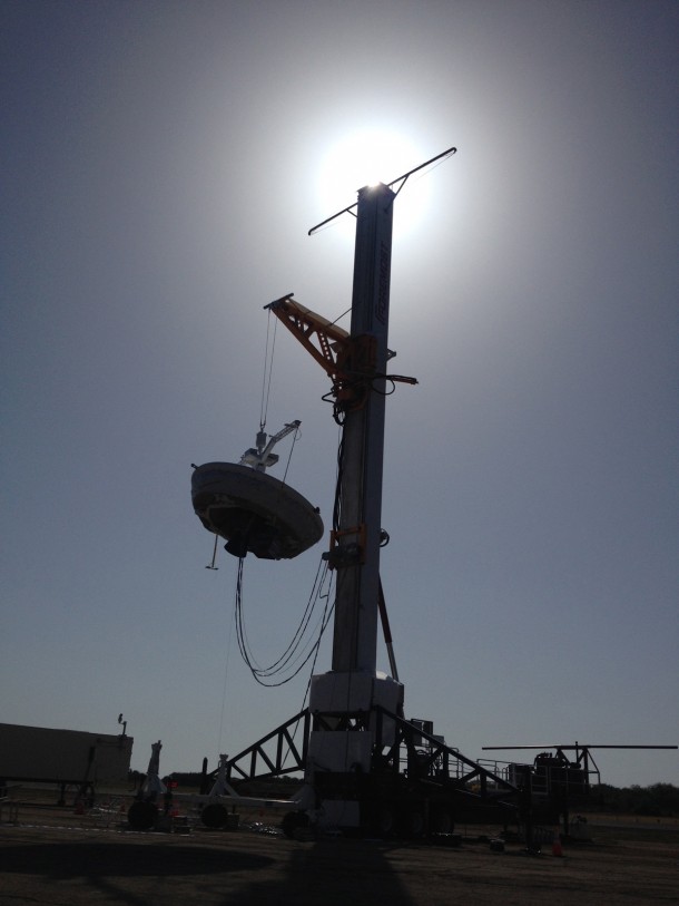 NASA’s saucer-shaped experimental flight vehicle, the Low Density Supersonic Decelerator, or LDSD, is prepared for a Range Compatibility Test at the US Navy’s Pacific Missile Range Facility in Kaua‘i, Hawaii. Image Credit: NASA/JPL-Caltech NASA’s saucer-shaped experimental flight vehicle, the Low Density Supersonic Decelerator, or LDSD, is prepared for a Range Compatibility Test at the US Navy’s Pacific Missile Range Facility in Kaua‘i, Hawaii. Image Credit: NASA/JPL-Caltech