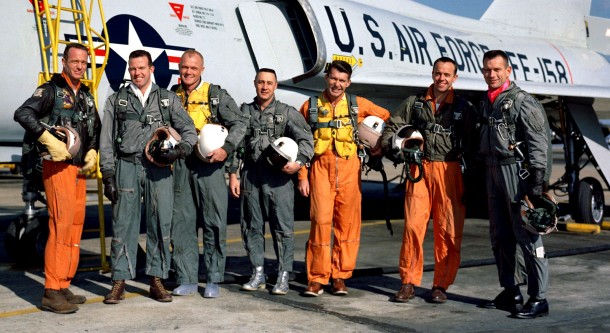Standing beside a Convair F106-B aircraft in a January 1961 photograph are the nation's Project Mercury astronauts. Left to right, are M. Scott Carpenter, L. Gordon Cooper Jr., John H. Glenn Jr., Virgil I. "Gus" Grissom, Walter M. Schirra Jr., Alan B. Shepherd Jr. and Donald K. "Deke" Slayton. Image Credit: NASA Standing beside a Convair F106-B aircraft in a January 1961 photograph are the nation's Project Mercury astronauts. Left to right, are M. Scott Carpenter, L. Gordon Cooper Jr., John H. Glenn Jr., Virgil I. "Gus" Grissom, Walter M. Schirra Jr., Alan B. Shepherd Jr. and Donald K. "Deke" Slayton. Image Credit: NASA