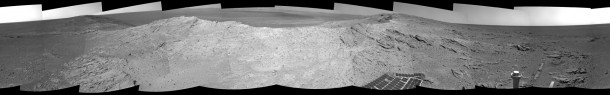 This vista of the Endeavour Crater rim was acquired by NASA's Mars Exploration Rover Opportunity's panoramic camera on April 18, 2014, from "Murray Ridge" on the western rim of the crater. It is presented in false color to make differences in surface materials more easily visible. Image Credit: NASA/JPL-Caltech/Cornell Univ./Arizona State Univ. This vista of the Endeavour Crater rim was acquired by NASA's Mars Exploration Rover Opportunity's panoramic camera on April 18, 2014, from "Murray Ridge" on the western rim of the crater. It is presented in false color to make differences in surface materials more easily visible. Image Credit: NASA/JPL-Caltech/Cornell Univ./Arizona State Univ.