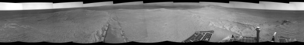 The component images for this 360-degree panorama were taken by the navigation camera on NASA's Mars Exploration Rover Opportunity after the rover drove about 97 feet southeastward on April 22, 2014. The location is on the western rim of Endeavour Crater. The two parallel tracks are 3.3 feet apart. Image Credit: NASA/JPL-Caltech The component images for this 360-degree panorama were taken by the navigation camera on NASA's Mars Exploration Rover Opportunity after the rover drove about 97 feet southeastward on April 22, 2014. The location is on the western rim of Endeavour Crater. The two parallel tracks are 3.3 feet apart. Image Credit: NASA/JPL-Caltech