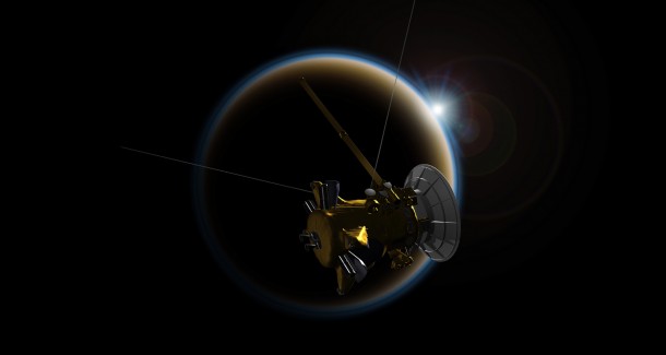 Artist’s rendering of NASA’s Cassini spacecraft observing a sunset through Titan’s hazy atmosphere. Image Credit: NASA/JPL-Caltech Artist’s rendering of NASA’s Cassini spacecraft observing a sunset through Titan’s hazy atmosphere. Image Credit: NASA/JPL-Caltech