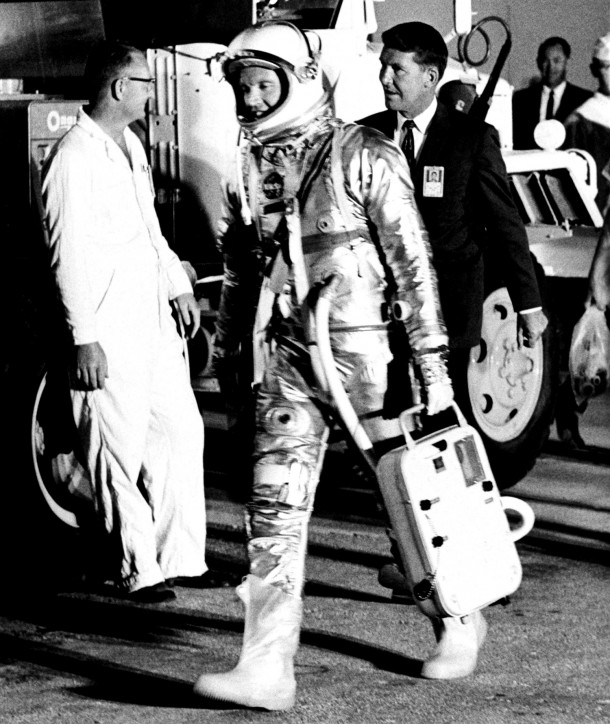 On May 15, 1963, Gordon Cooper departs the crew quarters at Hangar S for the trip to Launch Pad 14 for the Mercury Atlas-9 mission to orbit the Earth 22 times. Following astronaut Cooper to the transfer van is Walter Schirra. Image Credit: NASA On May 15, 1963, Gordon Cooper departs the crew quarters at Hangar S for the trip to Launch Pad 14 for the Mercury Atlas-9 mission to orbit the Earth 22 times. Following astronaut Cooper to the transfer van is Walter Schirra. Image Credit: NASA