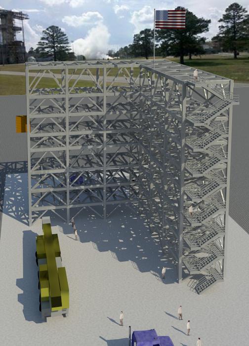 Artist concept of Test Stand 4697 at NASA's Marshall Space Flight Center. The 692-ton steel structure, about nine stories high, or 85 feet, will be used for structural loads testing on the Space Launch System core stage liquid oxygen tank and forward skirt. Image Credit: NASA/MSFC Artist concept of Test Stand 4697 at NASA's Marshall Space Flight Center. The 692-ton steel structure, about nine stories high, or 85 feet, will be used for structural loads testing on the Space Launch System core stage liquid oxygen tank and forward skirt. Image Credit: NASA/MSFC