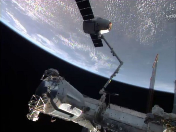 The SpaceX Dragon commercial cargo craft was in the grips of the Canadarm2 before being released for a splashdown in the Pacific Ocean. The SpaceX Dragon commercial cargo craft was in the grips of the Canadarm2 before being released for a splashdown in the Pacific Ocean.