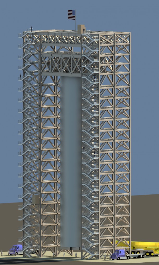 Artist concept of Test Stand 4693 at NASA's Marshall Space Flight Center. The 215-foot stand will be used for structural loads testing on the liquid hydrogen tank for the Space Launch System core stage. Image Credit: NASA/MSFC Artist concept of Test Stand 4693 at NASA's Marshall Space Flight Center. The 215-foot stand will be used for structural loads testing on the liquid hydrogen tank for the Space Launch System core stage. Image Credit: NASA/MSFC