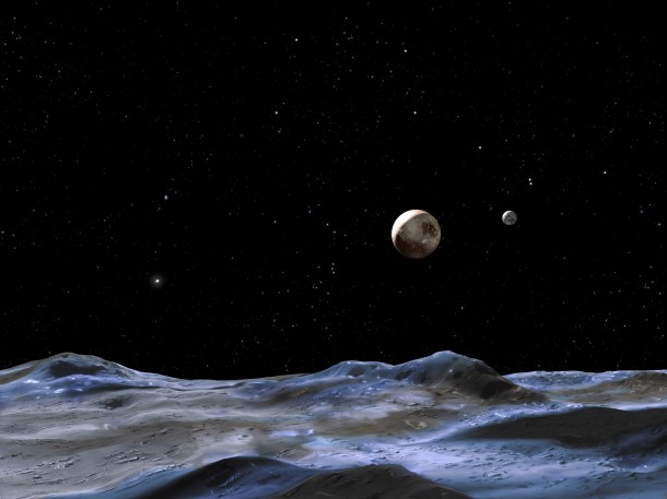 This artist concept shows Pluto and some of its moons, as viewed from the surface of one of the moons. Pluto is the large disk at center. Charon is the smaller disk to the right. Image Credit: NASA, ESA and G. Bacon (STScI) This artist concept shows Pluto and some of its moons, as viewed from the surface of one of the moons. Pluto is the large disk at center. Charon is the smaller disk to the right. Image Credit: NASA, ESA and G. Bacon (STScI)