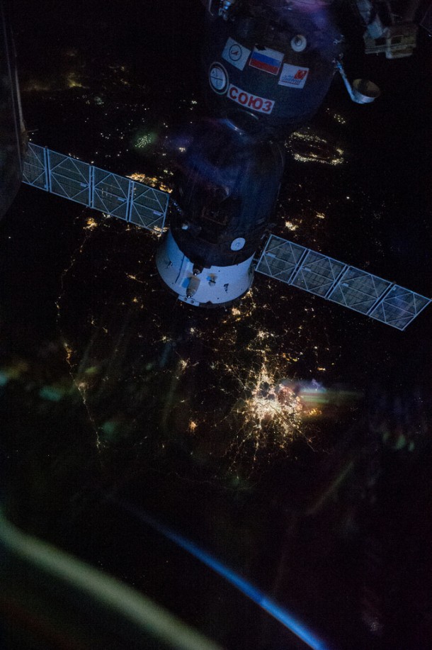 Seoul, South Korea is seen with a Russian Soyuz spacecraft, docked to the orbital outpost, in the foreground. Seoul, South Korea is seen with a Russian Soyuz spacecraft, docked to the orbital outpost, in the foreground.
