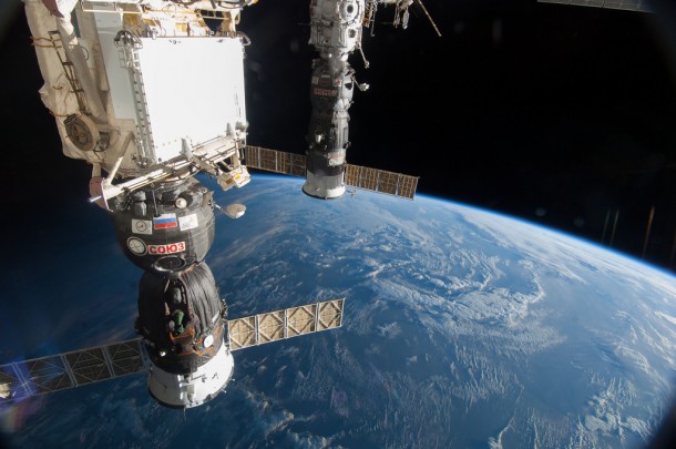 The Russian Soyuz 39 spacecraft (foreground) and Progress 55 spacecraft and docked to the International Space Station. The Russian Soyuz 39 spacecraft (foreground) and Progress 55 spacecraft and docked to the International Space Station.