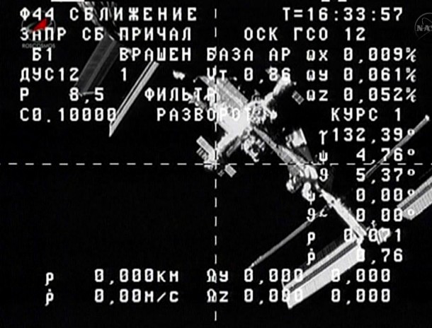 A camera on the departing ISS Progress 53 cargo craft captured this view of the International Space Station. Image Credit: NASA TV A camera on the departing ISS Progress 53 cargo craft captured this view of the International Space Station. Image Credit: NASA TV