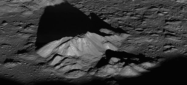 Tycho crater's central peak complex, shown here, is about 9.3 miles (15 km) wide, left to right (southeast to northwest in this view). A very popular target with amateur astronomers, Tycho is about 51 miles (82 km) in diameter. The central peak's summit is 1.24 miles (2 km) above the crater floor. Image Credit: NASA/Goddard/Arizona State University Tycho crater's central peak complex, shown here, is about 9.3 miles (15 km) wide, left to right (southeast to northwest in this view). A very popular target with amateur astronomers, Tycho is about 51 miles (82 km) in diameter. The central peak's summit is 1.24 miles (2 km) above the crater floor. Image Credit: NASA/Goddard/Arizona State University