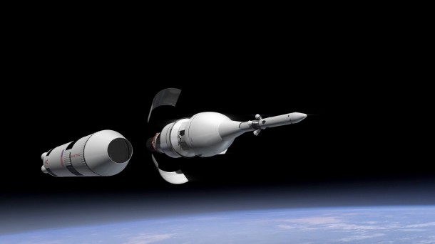 This computer-generated art shows the launch abort system still attached and the jettison of the service module fairing panels. Image Credit: NASA This computer-generated art shows the launch abort system still attached and the jettison of the service module fairing panels. Image Credit: NASA