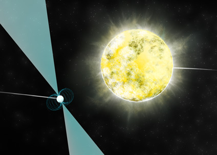Artist impression of a white dwarf star in orbit with pulsar PSR J2222-0137. It may be the coolest and dimmest white dwarf ever identified. Credit: B. Saxton (NRAO/AUI/NSF) Artist impression of a white dwarf star in orbit with pulsar PSR J2222-0137. It may be the coolest and dimmest white dwarf ever identified. Credit: B. Saxton (NRAO/AUI/NSF)