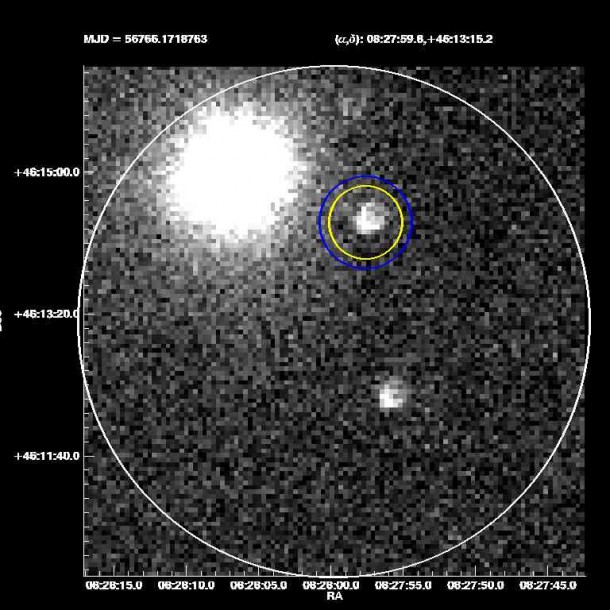 Gamma-ray burst 1404191 was spotted at 11 p.m. April 19 by SMU’s robotic ROTSE-IIIb telescope at McDonald Observatory, Fort Davis, Texas. Gamma-ray burst 1404191 was spotted at 11 p.m. April 19 by SMU’s robotic ROTSE-IIIb telescope at McDonald Observatory, Fort Davis, Texas.