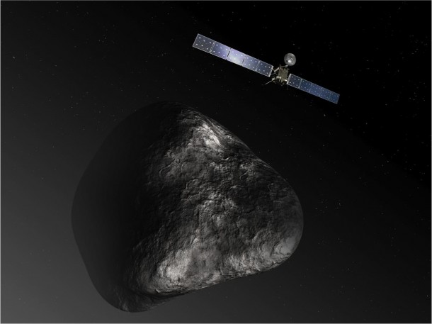 This artist's impression shows the Rosetta orbiter at comet 67P/Churyumov-Gerasimenko. The image is not to scale. Image Credit: ESA/ATG Medialab This artist's impression shows the Rosetta orbiter at comet 67P/Churyumov-Gerasimenko. The image is not to scale. Image Credit: ESA/ATG Medialab