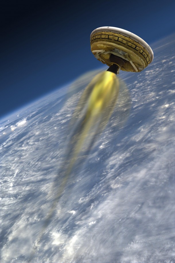 This artist's concept shows the test vehicle for NASA's Low-Density Supersonic Decelerator (LDSD), designed to test landing technologies for future Mars missions. Image credit: NASA/JPL-Caltech This artist's concept shows the test vehicle for NASA's Low-Density Supersonic Decelerator (LDSD), designed to test landing technologies for future Mars missions. Image credit: NASA/JPL-Caltech