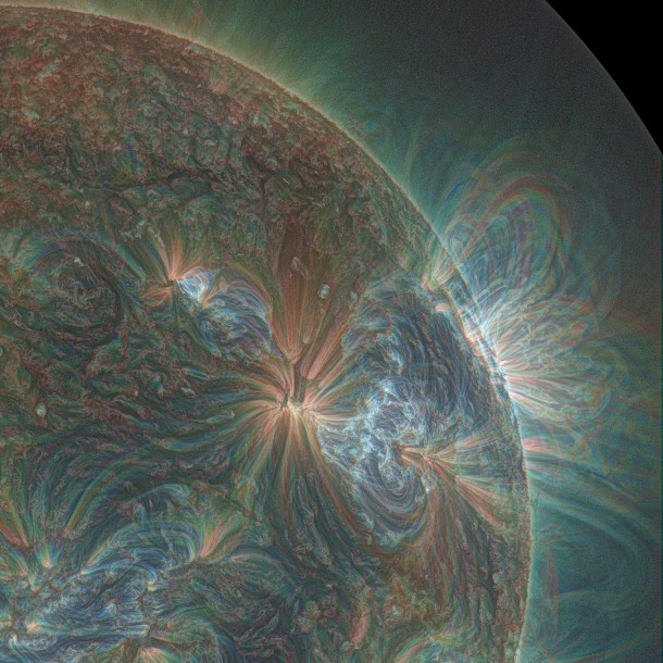 This combination of three wavelengths of light from NASA's Solar Dynamics Observatory shows one of the multiple jets that led to a series of slow coronal puffs on Jan. 17, 2013. The light has been colorized in red, green and blue. Image Credit: Alzate/SDO This combination of three wavelengths of light from NASA's Solar Dynamics Observatory shows one of the multiple jets that led to a series of slow coronal puffs on Jan. 17, 2013. The light has been colorized in red, green and blue. Image Credit: Alzate/SDO