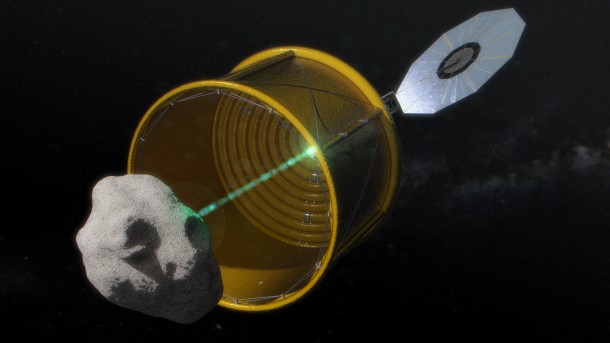 This concept images shows ARM robotic capture Option A in which the robotic vehicle deploys an inflatable bag to envelop a free-flying small asteroid before redirecting it to a lunar distant retrograde orbit. This concept images shows ARM robotic capture Option A in which the robotic vehicle deploys an inflatable bag to envelop a free-flying small asteroid before redirecting it to a lunar distant retrograde orbit.