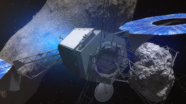 This concept images shows ARM robotic capture Option B, in which the robotic vehicle ascends from the surface of a large asteroid, on its way to a lunar distant retrograde orbit with a smaller asteroid mass in its clutches. This concept images shows ARM robotic capture Option B, in which the robotic vehicle ascends from the surface of a large asteroid, on its way to a lunar distant retrograde orbit with a smaller asteroid mass in its clutches.