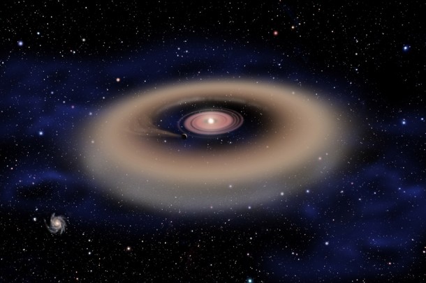 This artist's conception shows a planet forming from a disk of gas and dust surrounding a young star. David A. Aguilar (CfA) This artist's conception shows a planet forming from a disk of gas and dust surrounding a young star. David A. Aguilar (CfA)