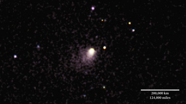 This composite of C/2013 A1 (Siding Spring) merges Swift UVOT images taken between May 27 and 29, 2014. Sunlight reflected from the comet's dust, which produces most of the light in this image, appears yellow; violet shows ultraviolet light produced by hydroxyl (OH), a molecular fragment of water. Image Credit: NASA/Swift/D. Bodewits (UMD), DSS This composite of C/2013 A1 (Siding Spring) merges Swift UVOT images taken between May 27 and 29, 2014. Sunlight reflected from the comet's dust, which produces most of the light in this image, appears yellow; violet shows ultraviolet light produced by hydroxyl (OH), a molecular fragment of water. Image Credit: NASA/Swift/D. Bodewits (UMD), DSS