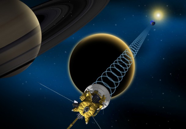 Cassini will attempt to bounce signals off of Saturn's moon Titan once more during a flyby on June 18, 2014, revealing important details about the moon's surface. Image credit: NASA/JPL-Caltech Cassini will attempt to bounce signals off of Saturn's moon Titan once more during a flyby on June 18, 2014, revealing important details about the moon's surface. Image credit: NASA/JPL-Caltech