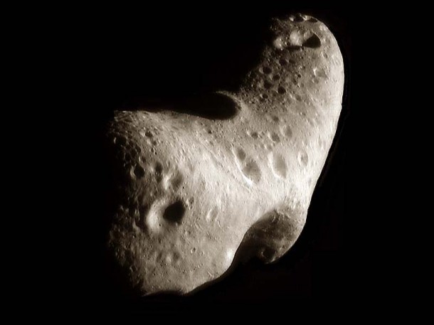 This image of asteroid 433 Eros is a mosaic of images from NASA's Near Earth Asteroid Rendezvous (NEAR-Shoemaker) spacecraft, which visited the asteroid in 2000. The images were combined with elevation data from the spacecraft's laser rangefinder to build a 3D representation of the asteroid. Image Credit: NEAR Project, NLR, JHUAPL, Goddard SVS, NASA This image of asteroid 433 Eros is a mosaic of images from NASA's Near Earth Asteroid Rendezvous (NEAR-Shoemaker) spacecraft, which visited the asteroid in 2000. The images were combined with elevation data from the spacecraft's laser rangefinder to build a 3D representation of the asteroid. Image Credit: NEAR Project, NLR, JHUAPL, Goddard SVS, NASA