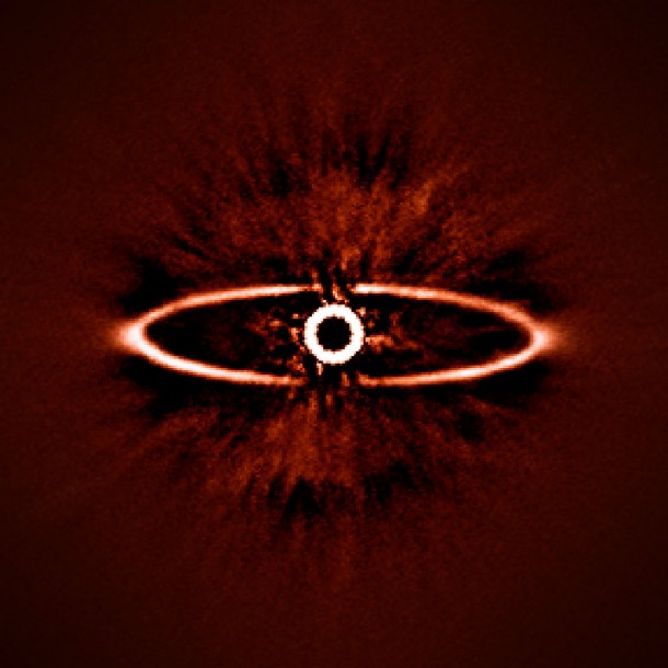This infrared image shows the dust ring around the nearby star HR 4796A in the southern constellation of Centaurus. It was one of the first produced by the SPHERE instrument soon after it was installed on ESO’s Very Large Telescope in May 2014. It shows not only the ring itself with great clarity, but also reveals the power of SPHERE to reduce the glare from the very bright star — the key to finding and studying exoplanets in future. Credit: ESO/J.-L. Beuzit et al./SPHERE Consortium This infrared image shows the dust ring around the nearby star HR 4796A in the southern constellation of Centaurus. It was one of the first produced by the SPHERE instrument soon after it was installed on ESO’s Very Large Telescope in May 2014. It shows not only the ring itself with great clarity, but also reveals the power of SPHERE to reduce the glare from the very bright star — the key to finding and studying exoplanets in future. Credit: ESO/J.-L. Beuzit et al./SPHERE Consortium
