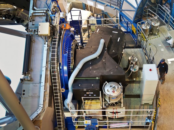 The SPHERE instrument is shown shortly after it was installed on ESO’s VLT Unit Telescope 3. The instrument itself is the black box, located on the platform to one side of the telescope itself. Credit: ESO/J. Girard The SPHERE instrument is shown shortly after it was installed on ESO’s VLT Unit Telescope 3. The instrument itself is the black box, located on the platform to one side of the telescope itself. Credit: ESO/J. Girard