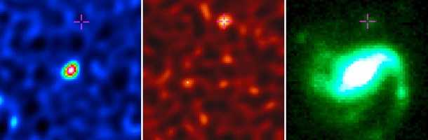 Observations of the host galaxy for GRB 020819B. Radio measurements of molecular gas (left) and dust (middle), both of which are observed with ALMA. An image in visible-light captured by the Frederick C. Gillett Gemini North Telescope (right). The cross indicates the location of the GRB site. Credit: Bunyo Hatsukade(NAOJ), ALMA (ESO/NAOJ/NRAO) Observations of the host galaxy for GRB 020819B. Radio measurements of molecular gas (left) and dust (middle), both of which are observed with ALMA. An image in visible-light captured by the Frederick C. Gillett Gemini North Telescope (right). The cross indicates the location of the GRB site. Credit: Bunyo Hatsukade(NAOJ), ALMA (ESO/NAOJ/NRAO)