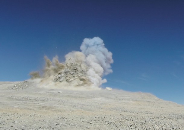 Today a groundbreaking ceremony took place to mark the next major milestone towards ESO’s European Extremely Large Telescope (E-ELT). Part of the 3000-metre peak of Cerro Armazones was blasted away as a step towards levelling the summit in preparation for the construction of the largest optical/infrared telescope in the world. 5000 cubic metres of rock was removed, as seen in this photo from a distance of a few hundred metres. It was the first in a series of blastings aimed to remove a total of 220 000 cubic metres of rock for the 300 x 150 metres platform. Credit: ESO Today a groundbreaking ceremony took place to mark the next major milestone towards ESO’s European Extremely Large Telescope (E-ELT). Part of the 3000-metre peak of Cerro Armazones was blasted away as a step towards levelling the summit in preparation for the construction of the largest optical/infrared telescope in the world. 5000 cubic metres of rock was removed, as seen in this photo from a distance of a few hundred metres. It was the first in a series of blastings aimed to remove a total of 220 000 cubic metres of rock for the 300 x 150 metres platform. Credit: ESO