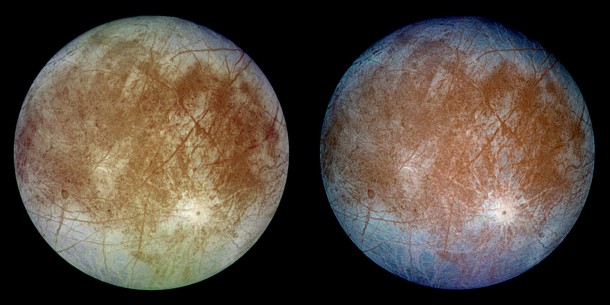 Two views from NASA's Galileo mission of Jupiter's moon Europa. The left image shows the approximate natural color appearance of Europa. The right image is a false-color composite of violet, green and infrared images to enhance color differences in the predominantly water-ice crust of Europa. Image Credit: NASA/JPL/DLR Two views from NASA's Galileo mission of Jupiter's moon Europa. The left image shows the approximate natural color appearance of Europa. The right image is a false-color composite of violet, green and infrared images to enhance color differences in the predominantly water-ice crust of Europa. Image Credit: NASA/JPL/DLR