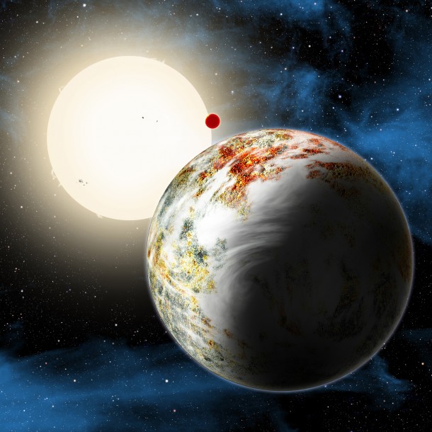 The newly discovered "mega-Earth" Kepler-10c dominates the foreground in this artist's conception. Its sibling, the lava world Kepler-10b, is in the background. Both orbit a sunlike star. Kepler-10c has a diameter of about 18,000 miles, 2.3 times as large as Earth, and weighs 17 times as much. Therefore it is all solids, although it may possess a thin atmosphere shown here as wispy clouds. David A. Aguilar (CfA) The newly discovered "mega-Earth" Kepler-10c dominates the foreground in this artist's conception. Its sibling, the lava world Kepler-10b, is in the background. Both orbit a sunlike star. Kepler-10c has a diameter of about 18,000 miles, 2.3 times as large as Earth, and weighs 17 times as much. Therefore it is all solids, although it may possess a thin atmosphere shown here as wispy clouds. David A. Aguilar (CfA)