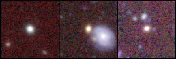 This series of photos shows three "red nugget" galaxies at a distance of about 4 billion light-years, and therefore seen as they were 4 billion years ago. At left, a lonely one without companion galaxies. The one in the middle is alone as well, although it appears to be next to a larger spiral galaxy. That blue spiral is actually much closer to us, only one billion light-years away. Finally, the red nugget on the right might have some companion galaxies residing nearby. Ivana Damjanov & CFHT MegaCam Team This series of photos shows three "red nugget" galaxies at a distance of about 4 billion light-years, and therefore seen as they were 4 billion years ago. At left, a lonely one without companion galaxies. The one in the middle is alone as well, although it appears to be next to a larger spiral galaxy. That blue spiral is actually much closer to us, only one billion light-years away. Finally, the red nugget on the right might have some companion galaxies residing nearby. Ivana Damjanov & CFHT MegaCam Team