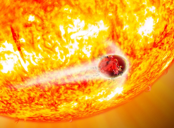 In this artist's conception, the doomed world Kepler-56b is being tidally shredded and consumed by its aging host star. New research shows that Kepler-56b will be engulfed by its star in about 130 million years, while its sibling Kepler-56c will be swallowed in 155 million years. This is the first time that two known exoplanets in a single system have a predicted "time of death." David A. Aguilar (CfA) In this artist's conception, the doomed world Kepler-56b is being tidally shredded and consumed by its aging host star. New research shows that Kepler-56b will be engulfed by its star in about 130 million years, while its sibling Kepler-56c will be swallowed in 155 million years. This is the first time that two known exoplanets in a single system have a predicted "time of death." David A. Aguilar (CfA)
