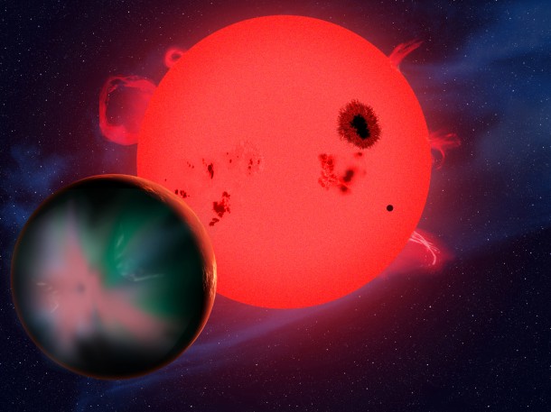 This artist's conception shows a hypothetical alien world orbiting a red dwarf star. Although it is in the star’s habitable zone, this planet faces an extreme space environment that is stripping its atmosphere and generating powerful aurorae. Since they are subjected to such harsh physical conditions, red-dwarf planets may not be habitable after all, so life in the universe might be even rarer than we thought. David A. Aguilar (CfA) This artist's conception shows a hypothetical alien world orbiting a red dwarf star. Although it is in the star’s habitable zone, this planet faces an extreme space environment that is stripping its atmosphere and generating powerful aurorae. Since they are subjected to such harsh physical conditions, red-dwarf planets may not be habitable after all, so life in the universe might be even rarer than we thought. David A. Aguilar (CfA)