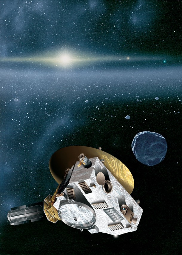 This is an artist's rendering of the New Horizons spacecraft encountering a Kuiper Belt object — a city-sized icy relic left over from the birth of our solar system. The sun, more than 4.1 billion miles (6.7 billion kilometers) away, shines as a bright star embedded in the glow of the zodiacal dust cloud. Jupiter and Neptune are visible as orange and blue "stars" to the right of the sun. Image Credit: JHUAPL/SwRI This is an artist's rendering of the New Horizons spacecraft encountering a Kuiper Belt object — a city-sized icy relic left over from the birth of our solar system. The sun, more than 4.1 billion miles (6.7 billion kilometers) away, shines as a bright star embedded in the glow of the zodiacal dust cloud. Jupiter and Neptune are visible as orange and blue "stars" to the right of the sun. Image Credit: JHUAPL/SwRI