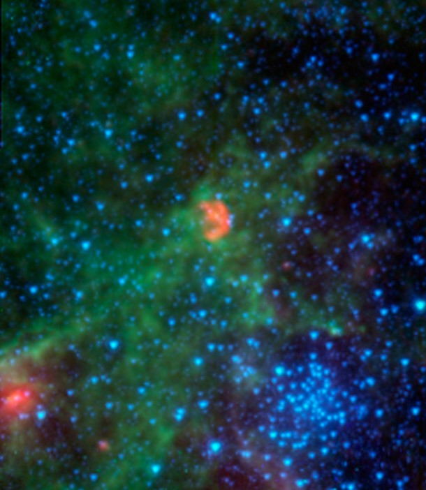 This infrared image from NASA's Spitzer Space Telescope shows N103B -- all that remains from a supernova that exploded a millennium ago in the Large Magellanic Cloud, a satellite galaxy 160,000 light-years away from our own Milky Way. Image Credit: NASA/JPL-Caltech/Goddard This infrared image from NASA's Spitzer Space Telescope shows N103B -- all that remains from a supernova that exploded a millennium ago in the Large Magellanic Cloud, a satellite galaxy 160,000 light-years away from our own Milky Way. Image Credit: NASA/JPL-Caltech/Goddard