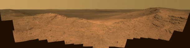 This scene from the panoramic camera (Pancam) on NASA's Mars Exploration Rover Opportunity catches "Pillinger Point," on the western rim of Endeavour Crater, in the foreground. The eastern rim of the crater is on the distant horizon. The scene merges many Pancam exposures taken on May 14, 2014. Image Credit: NASA/JPL-Caltech/Cornell Univ./Arizona State Univ. This scene from the panoramic camera (Pancam) on NASA's Mars Exploration Rover Opportunity catches "Pillinger Point," on the western rim of Endeavour Crater, in the foreground. The eastern rim of the crater is on the distant horizon. The scene merges many Pancam exposures taken on May 14, 2014. Image Credit: NASA/JPL-Caltech/Cornell Univ./Arizona State Univ.